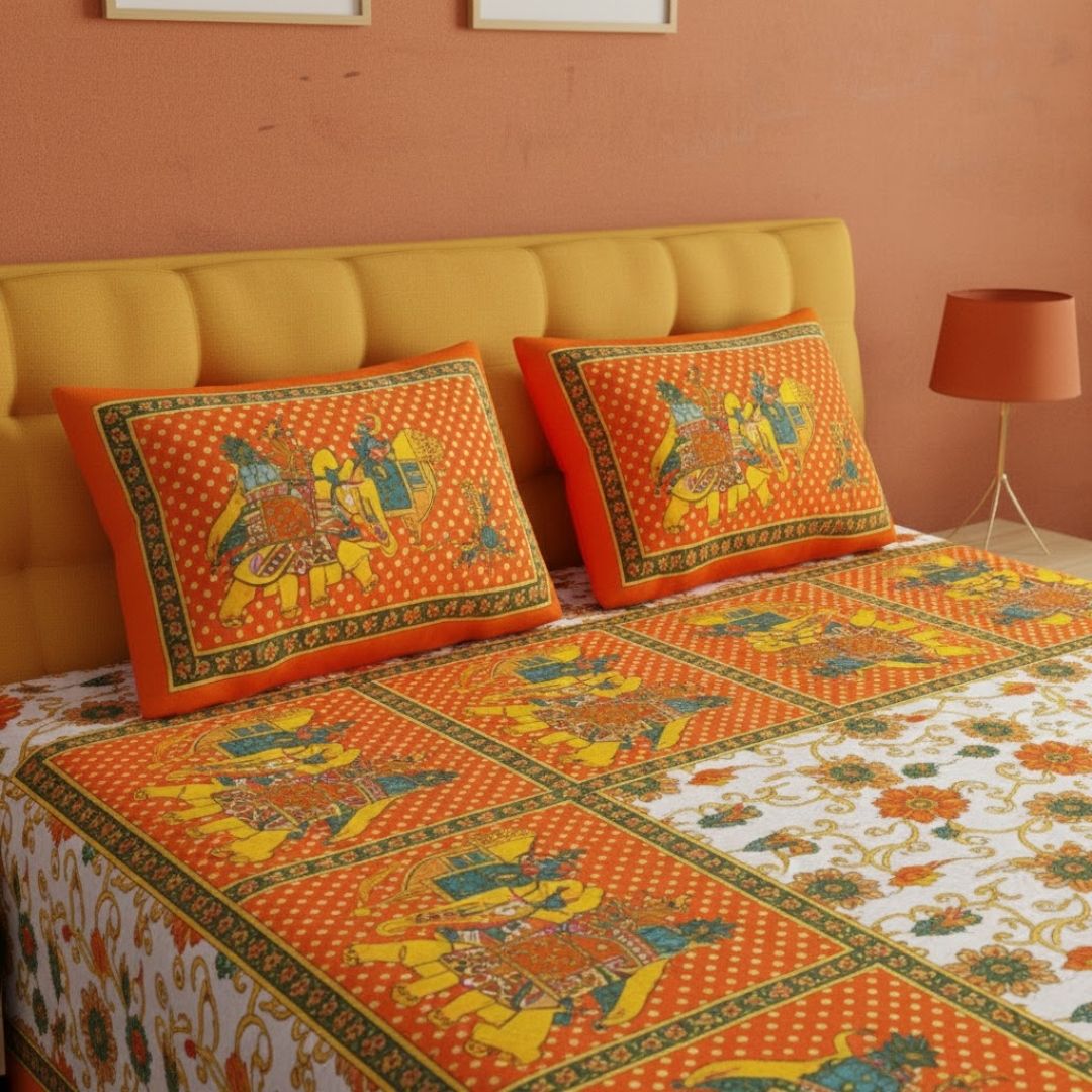 Orange Big Elephant Printed Cotton Double Bed Sheet